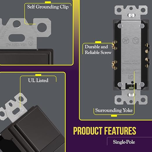 ENERLITES Double Paddle Rocker Decorator Switch, Ground Terminal, Clamp-Type Back Insert Wiring, Copper Wires Only, Single Pole, Residential/Commercial Grade, 15A 120-277VAC, 62834-DB, Dark Bronze