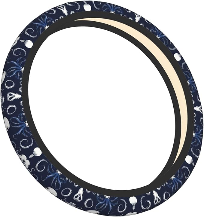 Squids and Octopi in Navy Car Steering Wheel Cover, 15 Inch Steering Wheel Cover Stylish Decor for Most Cars