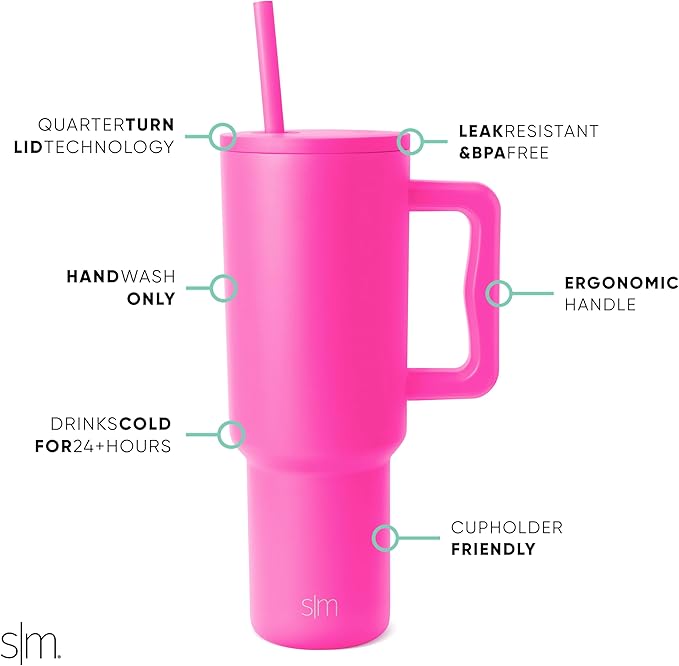 Simple Modern 40 oz Trek Tumbler with Handle and Straw Lid | Cup Holder Friendly Insulated Stainless Steel Travel Mug | Raspberry Vibes