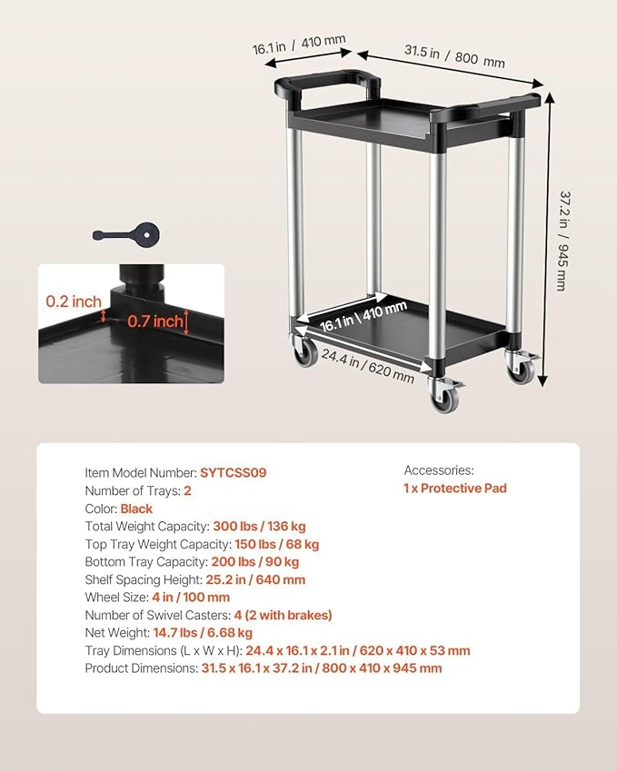 VEVOR Utility Cart, 300 lbs Load Capacity, 2-Tier Utility Plastic Cart with 360° Swivel Wheels (2 with Brakes), 24.4 x 16.1-inch Food Service Cart for Warehouse, Office, Home, Restaurant, Kitchen