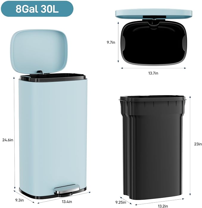 Arlopu 8/13.2 Gallon Step Trash Can, Stainless Steel Garbage Bin, Soft-Close Rubbish Bin with Removable Plastic Inner Bucket, Fingerprint-Proof, Lid Dustbin, Suit for Kitchen (Tide Pool Blue, 30L)
