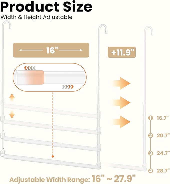 2 Pack Stepless Extender Closet Hanging Rod - Heavy Duty Closet Rods for Hanging Clothes, Adjustable Width & Height, Space-Saving White Closet Organizer for Hanging & Drying, Easy to Install