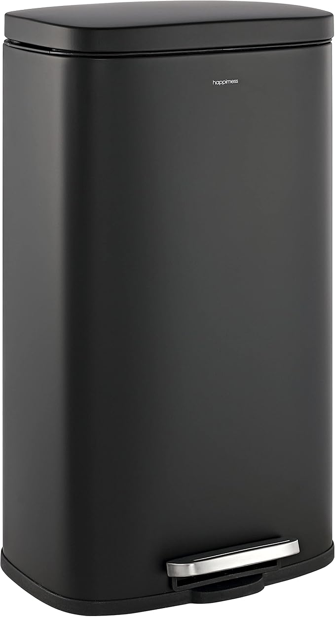 happimess HPM1011B Curtis 8-Gallon Step-Open Trash Can with Soft-Close Lid, Modern, Minimalistic, Fingerprint Proof for Home, Kitchen, Laundry Room, Office, Bedroom, Bathroom, Black
