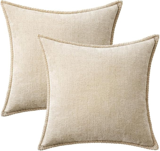 MIULEE Pack of 2 Euro Sham Pillow Covers 24x24 Inch Beige Farmhouse Decorative Throw Pillow Covers with Stitched Edge Soft Chenille Solid Dyed Pillow Covers for Bed Sofa Couch Living Room