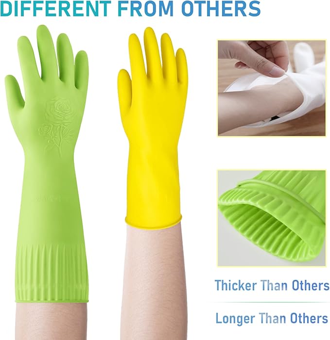 Disfore Rubber-Gloves Dishwashing Gloves for Cleaning-Kitchen - 2 Pairs Long Household Cleaning Gloves for Washing Dishes