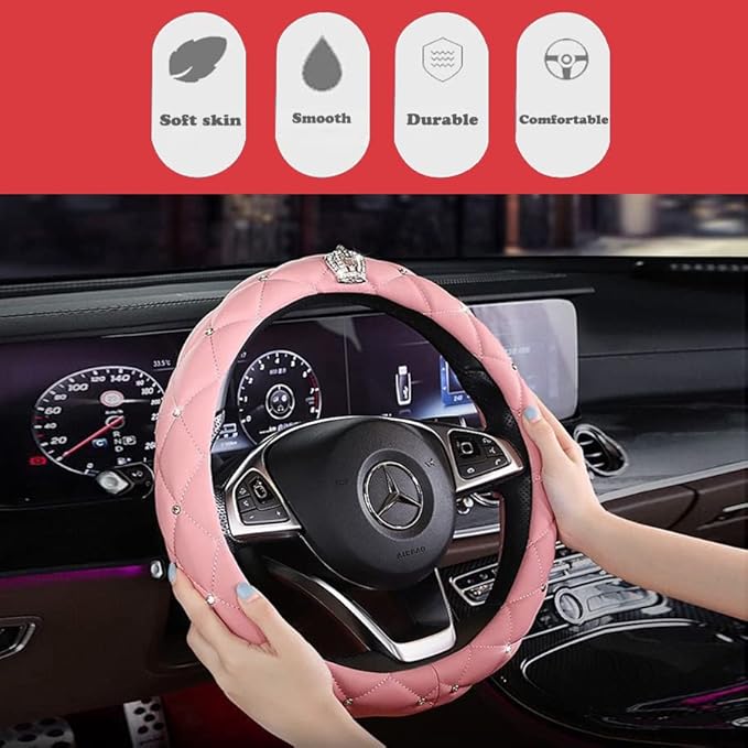 Colorful Universal 15Inch Car Steering Wheel Covers Women Leather Steering Cover Cute Steering Wheel Protector (Candy-Pink)