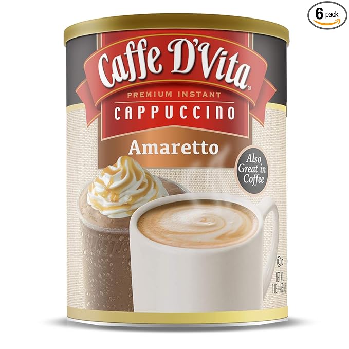 Caffe D'Vita Amaretto Cappuccino Mix - Amaretto Cappuccino Instant Mix, Gluten Free, No Cholesterol, Hydrogenated Oils, or Trans Fat, 99% Caffeine Free - 16 Oz Can, 6-Pack