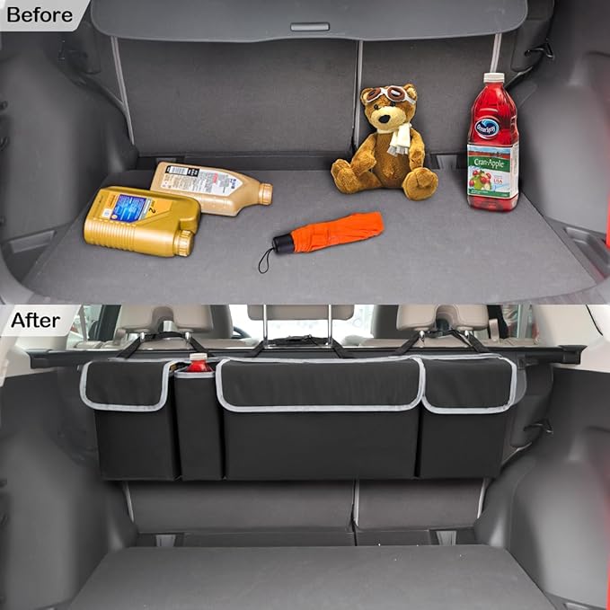 Car Trunk Organizer with Lid, Backseat Hanging Storage Bag with 4 Pockets & 3 Adjustable Straps, Waterproof PVC Collapsible Cargo Bag, Car Interior Accessories for Auto SUV MPV