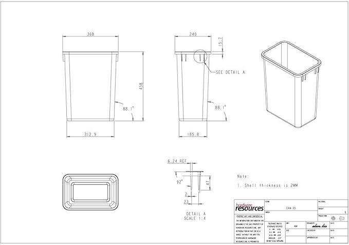 Hardware Resources CAN-35GRY Plastic Waste Container, Gray