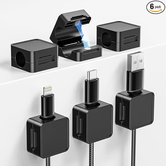 Magnetic Cable Clips, 6 Pack Cord Holder Desk Cable Management, Adhesive Wire Holder Keeper Organizer for Desk Organizer Home Office Car Wall Nightstand, Black