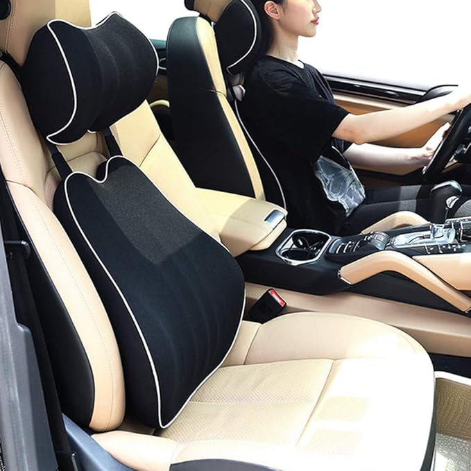 Car Lumbar Support Back Cushion & Headrest Neck Pillow Kit Cushion Memory Foam Universal Fit Major Car Seat with Back Pain Relief for Car Office Home 1PCS Red