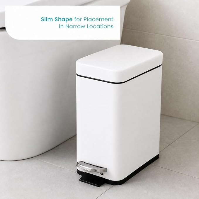 Home Zone Living 1.3 Gallon Small Bathroom Trash Can with Lid and Step Pedal, Stainless Steel Wastebasket with Slim Design for Home and Office, Matte White, 5 Liters