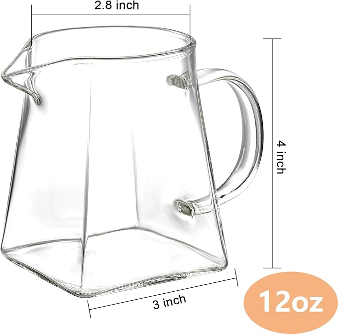 Yarlung 4 Pack Small Glass Pitcher, 12 Oz Clear Creamer Pitcher with Handle, Creative Coffee Milk Pitcher Tea Fair Cups for Table Serving, Square Base