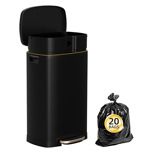 KdbK 13 Gallon Trash Can with Lid, 50L Fingerprint Proof Stainless Steel Kitchen Trash Can with Removable Inner Bucket and Lid Soft Close, Pedal Rubbish Bin for Home Office, Black