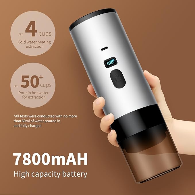 RQUOIRE 3-in-1 Portable Coffee Maker, Espresso Machine, Self-Heating Travel Coffee Maker Compatible with NS, DG Pods & Ground Coffee, Small Mini Espresso Machine for Car Camping, Hiking With Stand