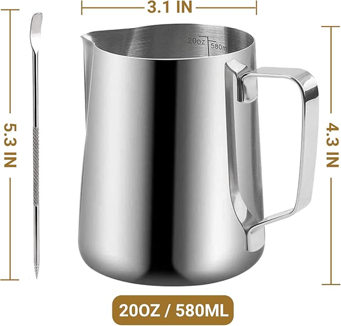 Milk Frothing Pitcher, 600ml (20oz) Milk Frother Cup Stainless Steel Jug Steaming Pitcher, Milk Coffee Cappuccino Latte Art Barista Steam Pitchers Milk Jug Cup with Decorating Pen