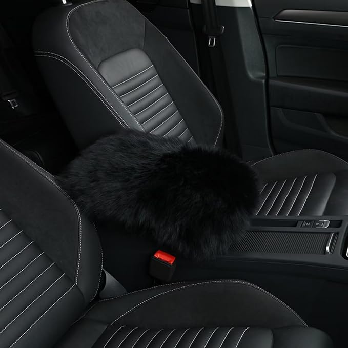 Wool Car Center Console Cover,Universal Fluffy Sheepskin Car Armrest Pad,Car Interior Accessory for Women Men,Armrest Cover Protector for Cars,Vehicles,SUV Black