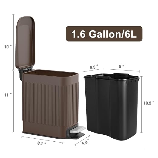 TrashAid Slim Bathroom Trash Can with Lid Soft Close, 6 Liter/1.6 Gallon Stainless Steel Small Garbage Can with Removable Inner Bucket, Step Pedal, Slim Wastebasket for Toilet, Office, Bedroom, Brown