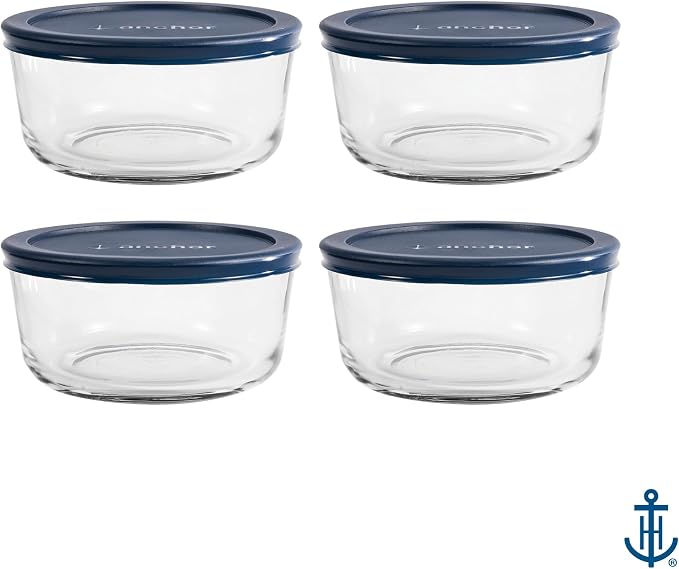 Anchor Hocking SnugFitTM Round Food Storage Containers with Lids (4-Piece, 4-cup, Navy Blue, oven-safe)
