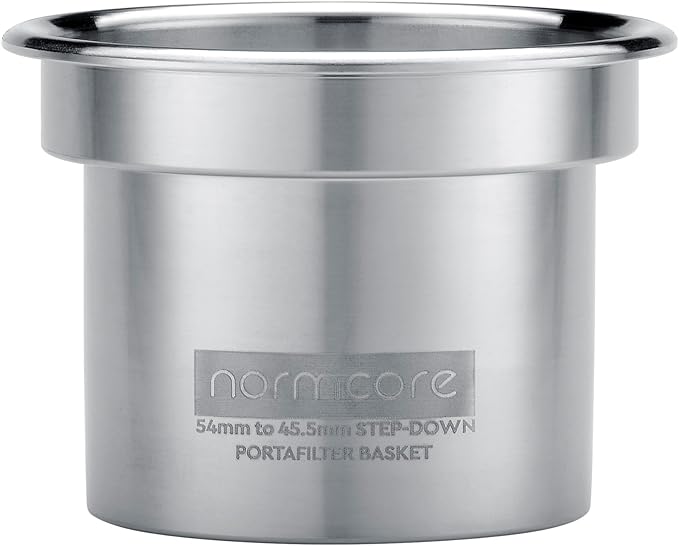 Normcore 54mm to 45.5mm Step-Down Portafilter Basket Kit, CNC-machined From a Solid Block of 304 Stainless Steel, 0.28mm Holes, Includes Dosing Funnel, 45.5mm Puck Screen, 200 Papers Filter