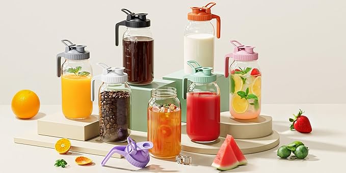 2 Pack Glass Mason Jar Pitcher with Lid, 64 oz (2 Quart) Leakproof Water Pitcher with Handle for Sun Tea, Cold Brew, Milk & Juice, White & Orange