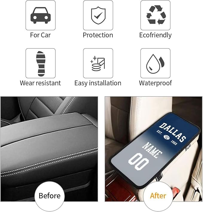 Custom Car Armrest Cover,Add Personalized Name and Number As Gifts for Loyal Football Fans,Auto Center Console Pad Car handrail Box Cushion,Fit for Most Car
