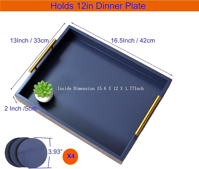 Decorative Tray with Polished Silver Metal Handles, Living Room Bathroom Coffee Bar Organizer Modern Tray for Decorative Accent Tray for Storage and Display (Sea Blue)