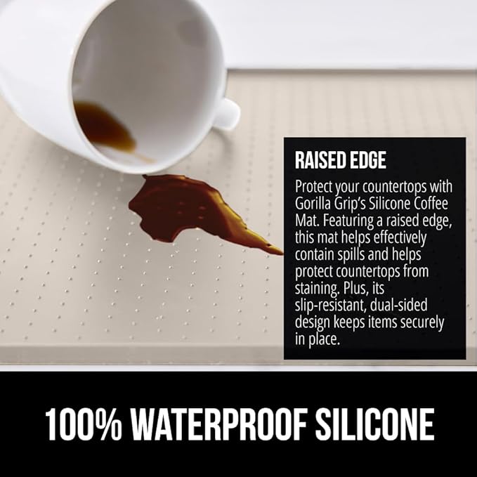 GORILLA GRIP Silicone Coffee Mat, Espresso Machine Bar Accessories, Keep Kitchen Counters Clean, Stays in Place, Waterproof and Heat Resistant Dish Drying Mats, Home Decor Essentials, 10x14, Almond