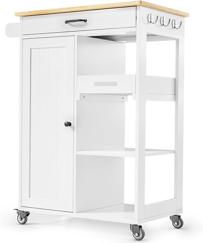 Gizoon Kitchen Island Cart with Removable Tray, 27.6''W Rolling Utility Trolley Cart with Drawer, Cabinet, Towel Rack, Hooks and 3 Open Storage Shelves, Mobile Storage Cart for Dining Room, Bar, White