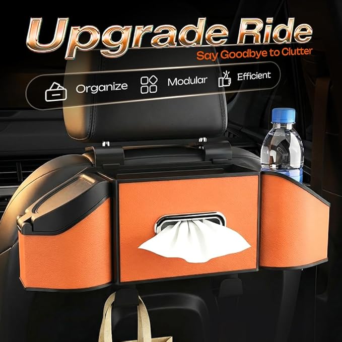 7-in-1 Car Backseat Organizer,Multifunctional Car Organizers and Storage Box with Cup Holder, Tissue Box,Trash Bin,Phone Mount and Hooks,Car Essentials Accessories for Women and Men (Brown)