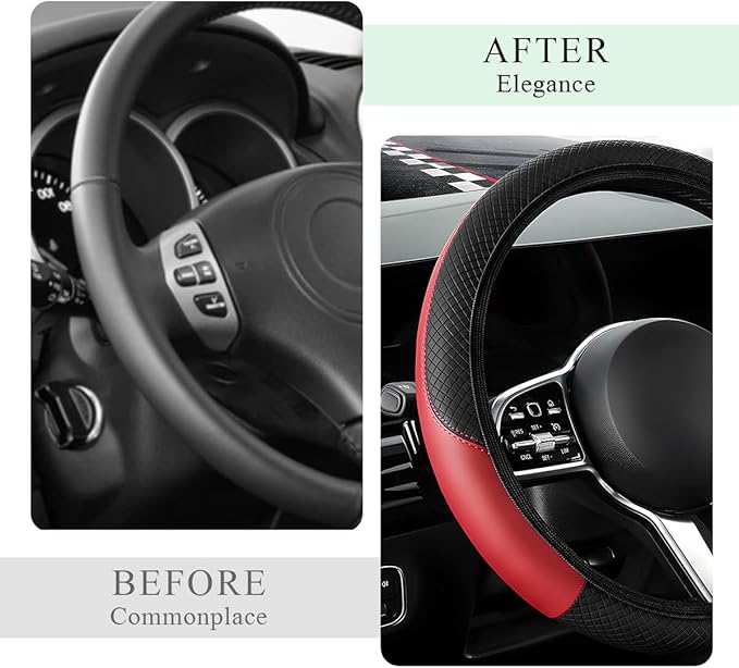 Elastic Steering Wheel Cover, Microfiber Leather Carbon Fiber Steering Wheel Protector, Steering Wheel Cover with Anti-Slip Lining, (Black+Red, AD)