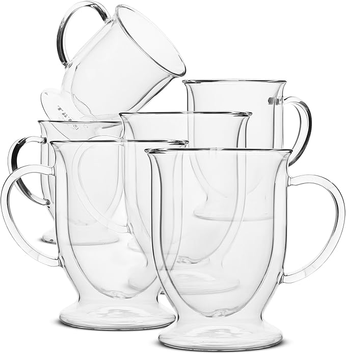 BTaT- Double Walled Glass Coffee Mugs, 12 oz, Set of 6, Glass Coffee Cups with Handle, Insulated Clear Coffee Mug for Hot and Cold Beverages, Cappuccino, Latte, Tea, Americano, Microwave Safe