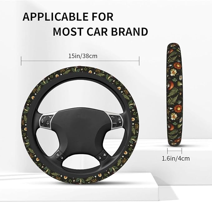 Vintage Woodland Fern Moth Dragonfly Mushroom Amanita Nature Universal Steering Wheel Cover for Men Women, Soft Anti Slip Stretch Neoprene Steering Wheel Covers Car Protector Accessories 15 Inch-Black