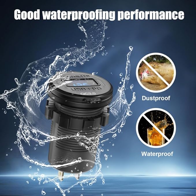 12V USB C Outlet Marine USB Charging Port for Car, Dual Quick Charge 3.0 & PD 3.0 Car Charger Socket with Button Switch and Voltmeter, Cigarette Lighter Replacement DIY Kit for 12V/24V Vehicles