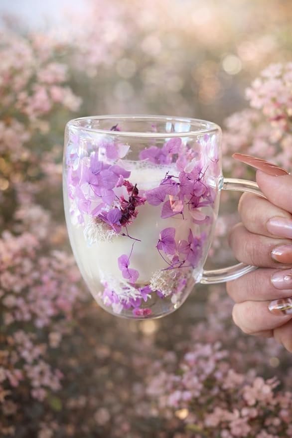 Leilanis Double Wall Glass Coffee Mug, Floral Design, Transparent Cup with Autumn Flowers (style 6)