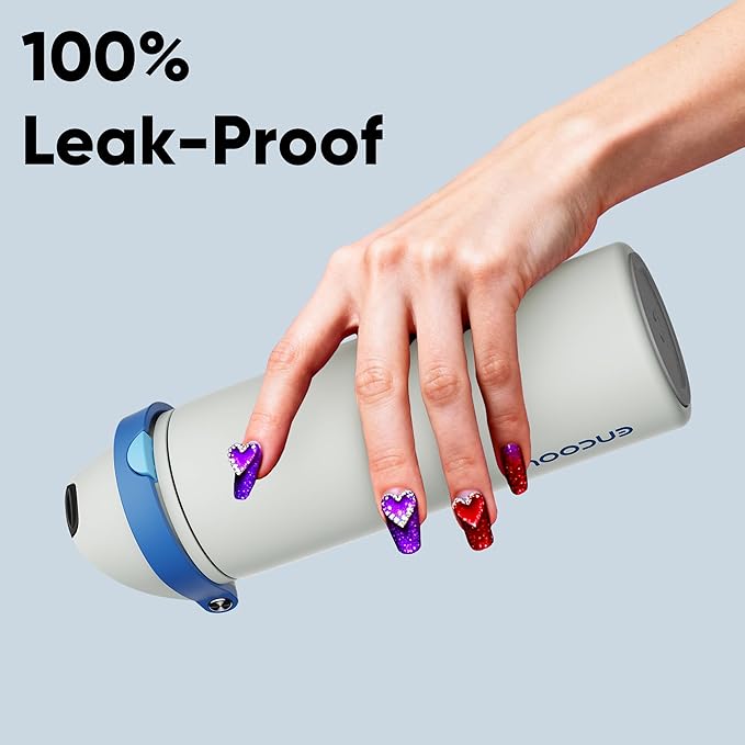 Insulated Water Bottle with Straw - Encool Stainless Steel Water Bottle with Push Button Lid, Leak-Proof & BPA-Free, Keeps Cold for 24 Hours for Sports, Travel, Gym (24 oz, Quill Grey-Blue)