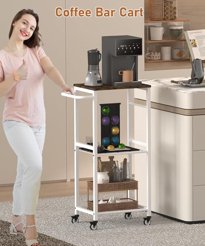 Kitchen Microwave Stand Cart with Storage Rack | 3-Tier Rolling Kitchen Side Table on Wheels with 8 Hooks, Utility Small Coffee Shelf Organizer for Living Room, Bedroom, Bathroom, Office, White