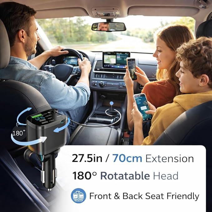Mizi [2025 Upgraded] Retractable Car Charger 5 in 1, 69W Fast Charging with 2X Retractable Cords [Type-C], 2X Type-C & 1X Type-A Port for iPhone 16/15/14/13/12, Samsung, and More – Black