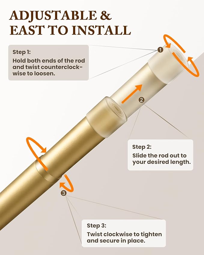 Heavy Duty Closet Rod, 17-69 IN Closet Rods for Hanging Clothes, Gold | Stepless Adjustable, Supports up to 66 lbs, Multiple Size Options, Easy Installation, Multi Purpose , Wall-Mounted