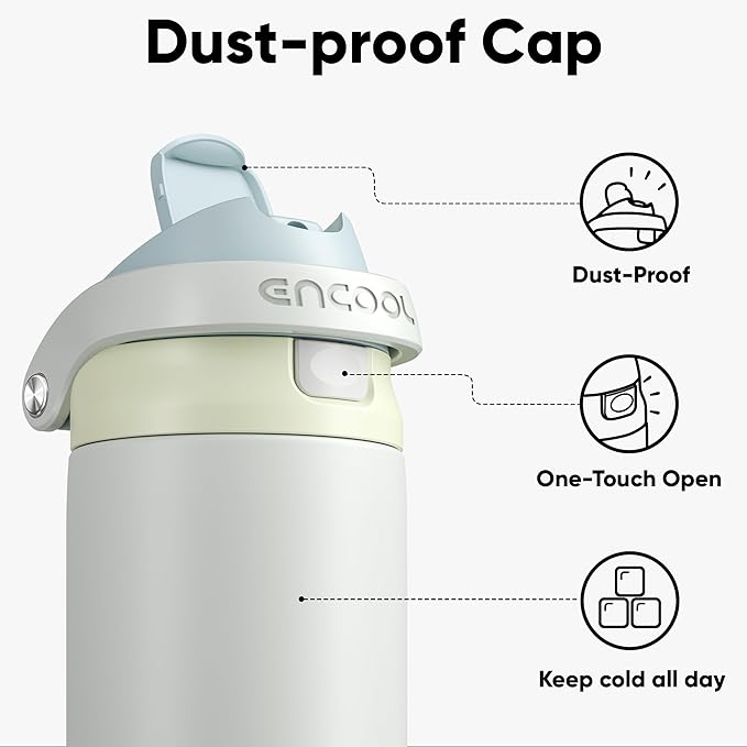 ENCOOL Leakproof Insulated Water Bottle with Straw Dual-Sip Water Bottle Bag-Safe Design for Work, Commute & Gym – Keeps Drinks Cold All Day, 24 oz, Cloud-Hill White