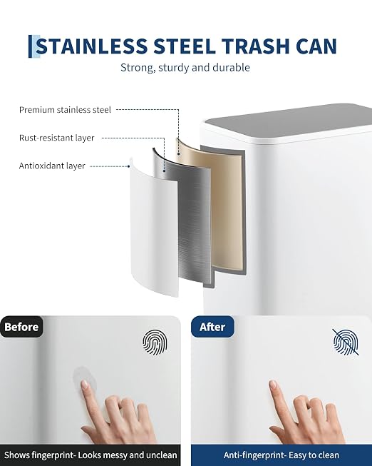 3.4 Gallon/13 Liter Trash Can, Stainless Steel Step Garbage Can with Quiet Soft-Close Lid, Foot Pedal & Removable Inner Bucket, Rectangular Trash Bin for Bathroom Home Office, White
