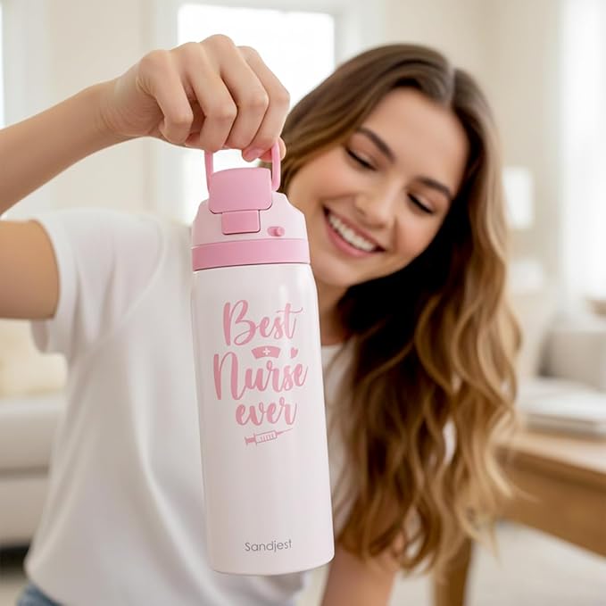Nurse Insulated Stainless Steel Water Bottle with Straw for Sports and Travel, Best Nurse Ever, 32oz, Gifts for Women Graduation Nurse Week Appreciation Birthday Christmas