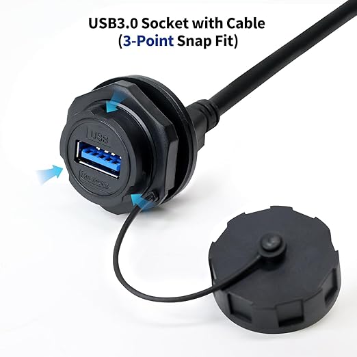 CNLINKO Outdoor USB 3.0 Receptacle Socket with 1M Cable Connector Type A Panel Mount Industrial Waterproof IP67 Data Power Transmission