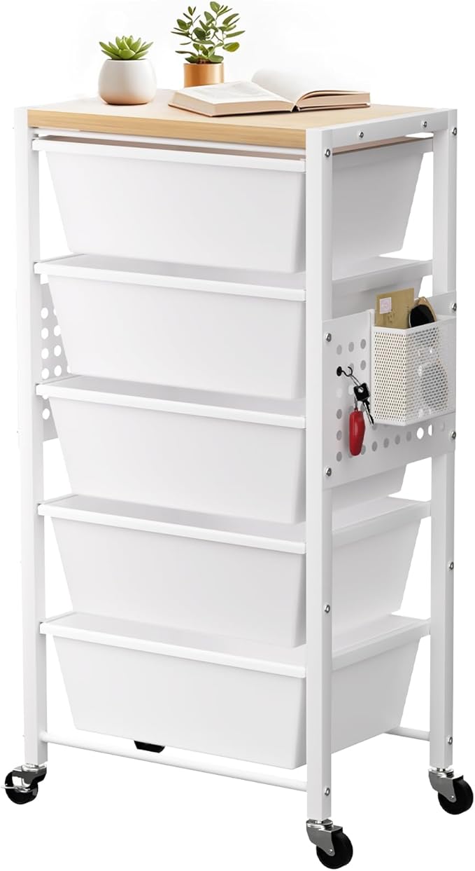 Rolling Cart with 5 Drawers, Plastic Drawer Storage Carts with Wheels & Wooden Tabletop, Metal Utility Cart with Pegboards, Office Living Room Classroom Craft Organization and Storage, Bright White