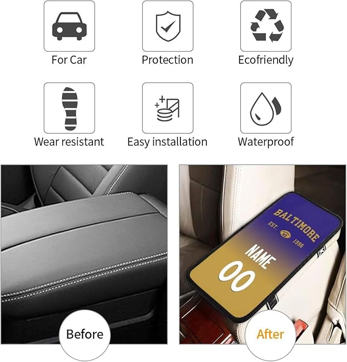 Custom Car Armrest Cover,Add Personalized Name and Number As Gifts for Loyal Football Fans,Auto Center Console Pad Car handrail Box Cushion,Fit for Most Car