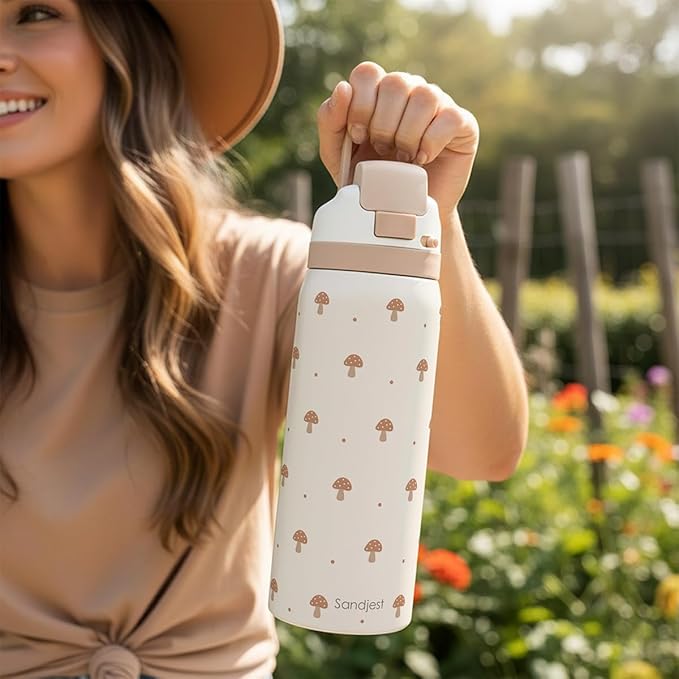 Mushroom Insulated Stainless Steel Water Bottle with Straw for Sports and Travel, 32oz, Gifts for Women Girls Friends Teens Birthday Christmas