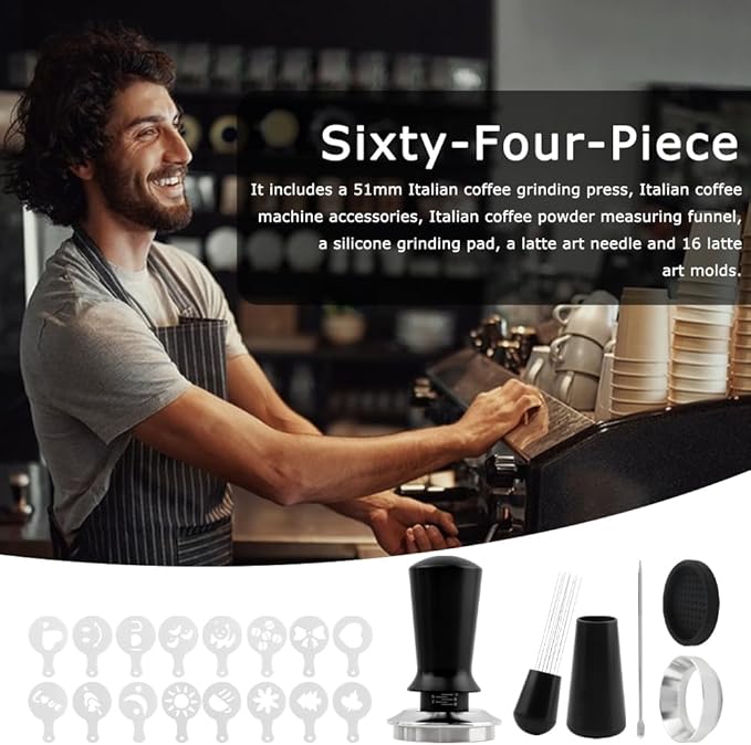 21 PCS Espresso Accessories Kit, Espresso Tamper Set with 51mm Coffee Tamper, WDT Tool, Tamper Mat, Dosing Funnel, Coffee Stencils, Latte Art Pen, Barista Tools, Espresso-Accessories(COLOR:Black)
