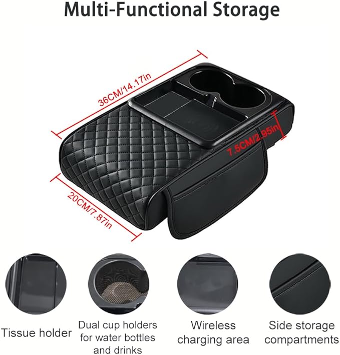 Armrest Cover for Car for Tesla Model X 2016-2026, 4 in 1 Storage Box Pad with Cup Holders, Center Console Cover Cushion Heightening Pad,A