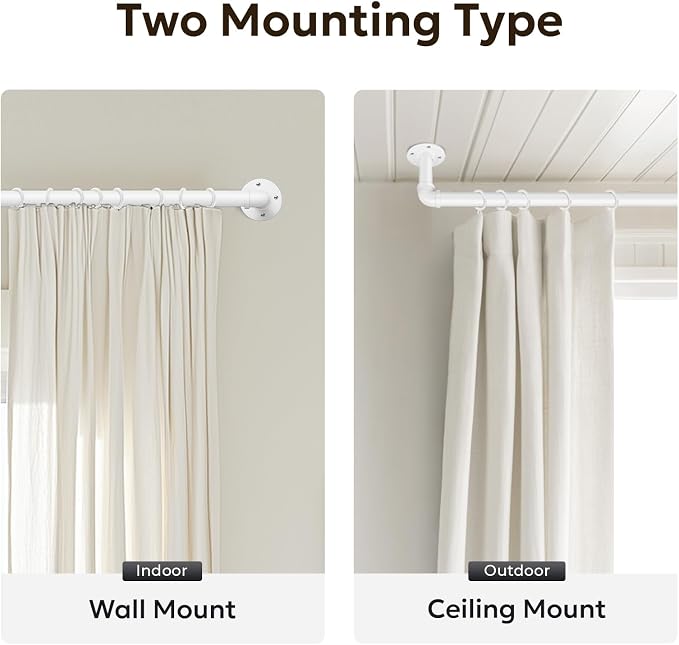 Zeerobee Curtain Rods for Windows 48 to 84, 1 Inch Industrial Wrap Around White Curtain Rod, Indoor/Outdoor Room Divider Adjustable Drapery Pole, 48"-86"