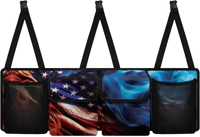 American Flag Fire Car Trunk Organizer and Storage, Backseat Hanging Organizer with 4 Waterproof Storage Bag with Adjustable Straps - Car Interior Accessories for SUV, Truck, Van, Cargo
